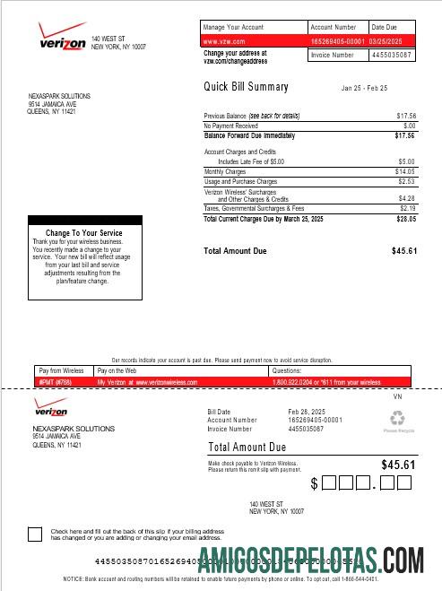 Em branco modelo Word e PDF de fatura de serviços públicos da Verizon dos EUA, versão 3